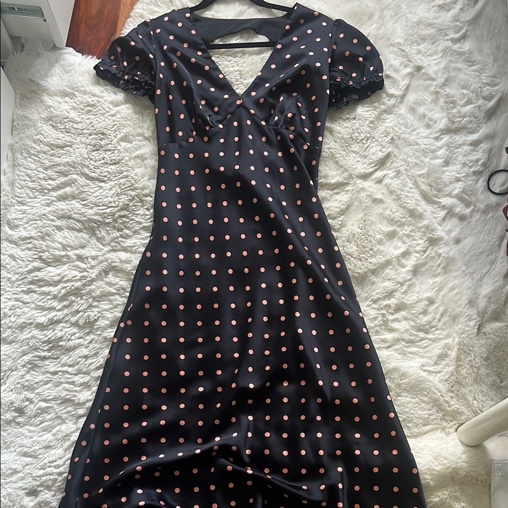 Chic Black Midi Dress with Pink Polka Dots